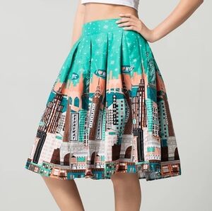 Grace Karin "I Love New York" skyline novelty print box pleated skirt with pocke